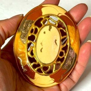 Artisan Belt Buckle Painted Enamel Cutout Oval  Glossy Abstract Art to Wear Gold